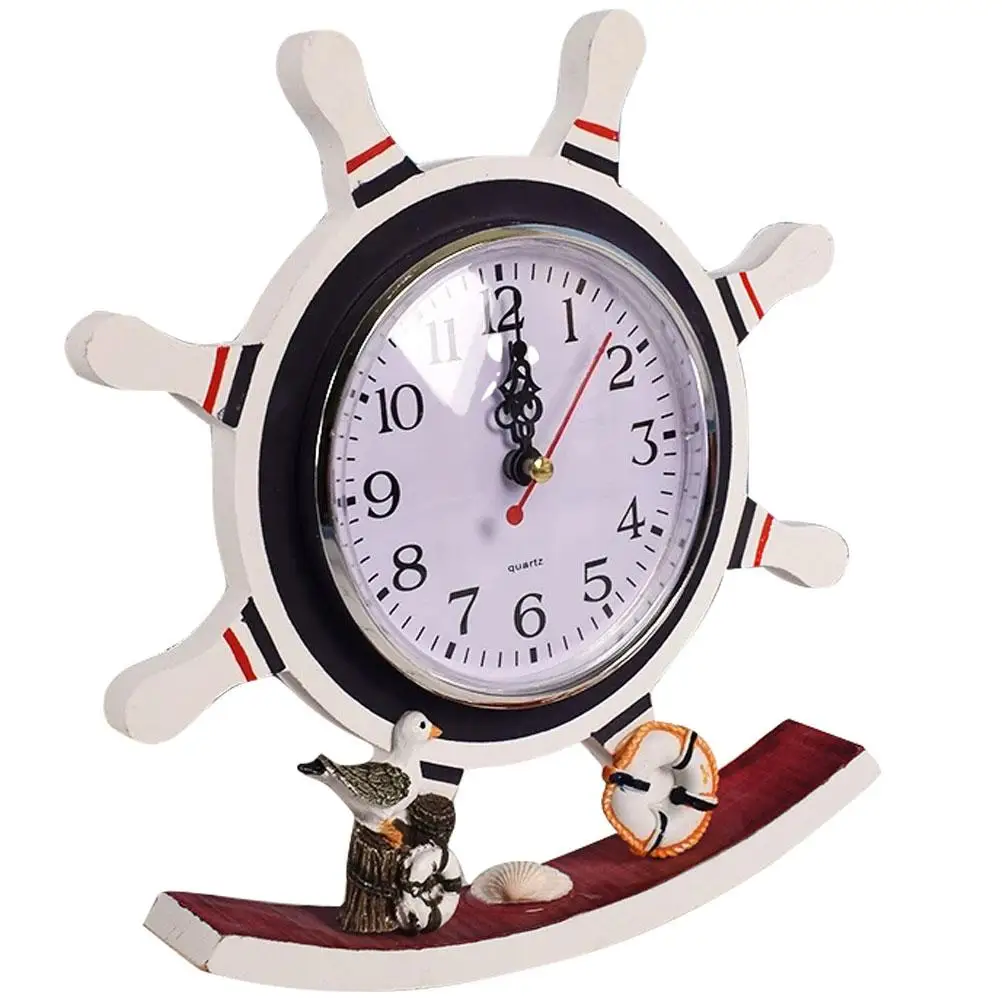 

Mediterranean Style Wooden Clock Rudder Shape Desk Clock for Living Room Bedroom Kids Gift Bright Color Decor