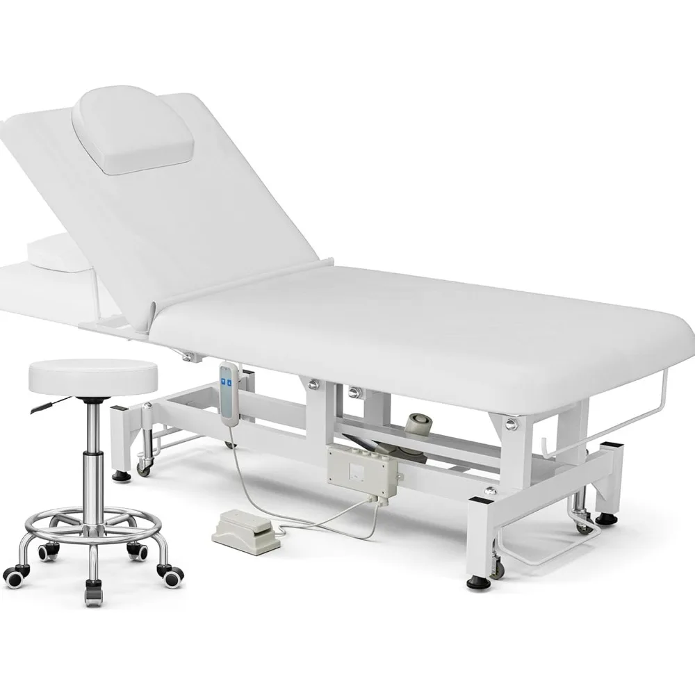 Electric Lift Massage Table Bed and Stool, Spa Facial Treatment Table w/Face Hole, Adjustable Backrest Medical Table Beauty Beds