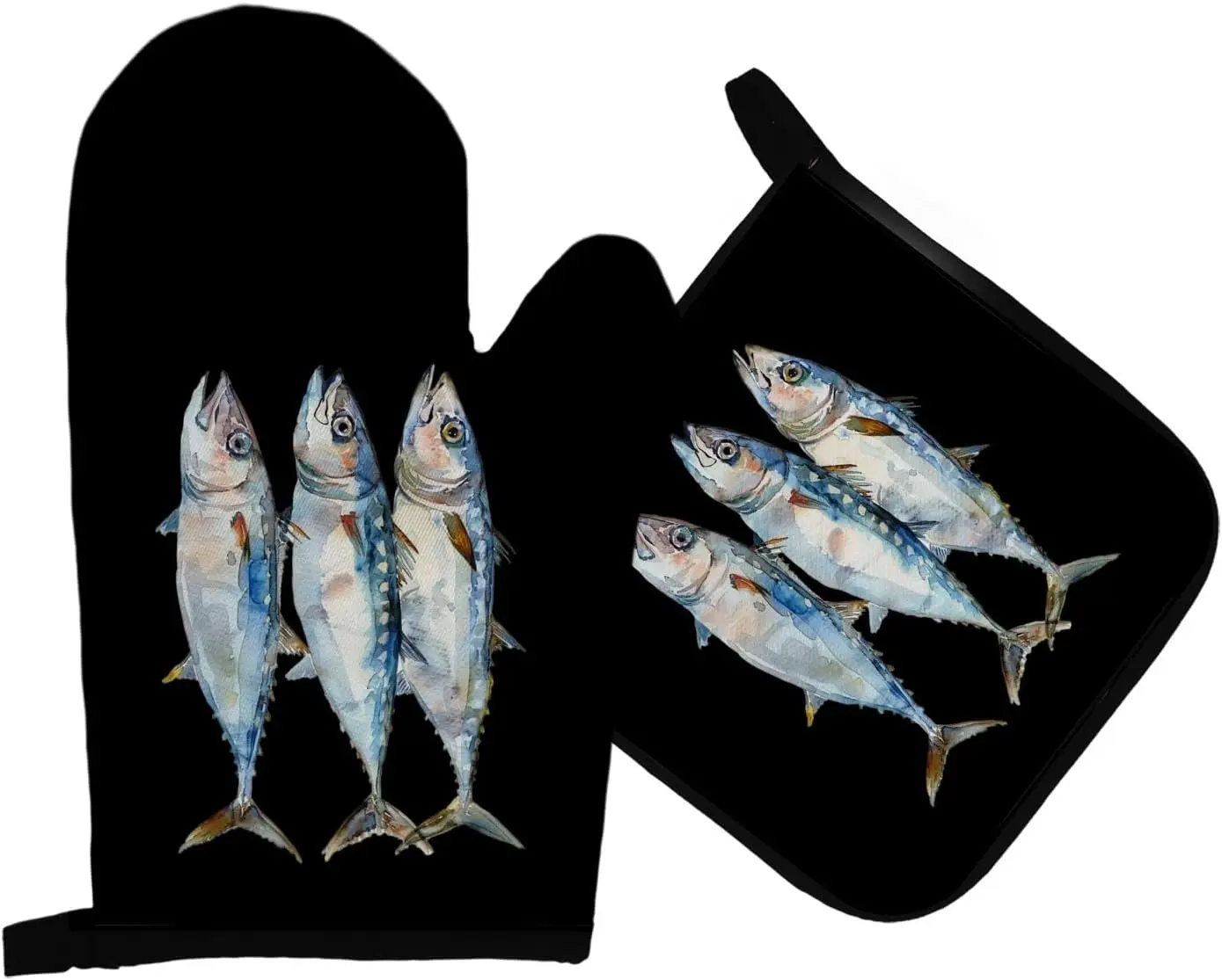 Coastal Beach Fish Oven Mitts and Pot Holders Sets, Black Nautical Mackerel Fish Heat Resistant Potholder Kitchen Decor