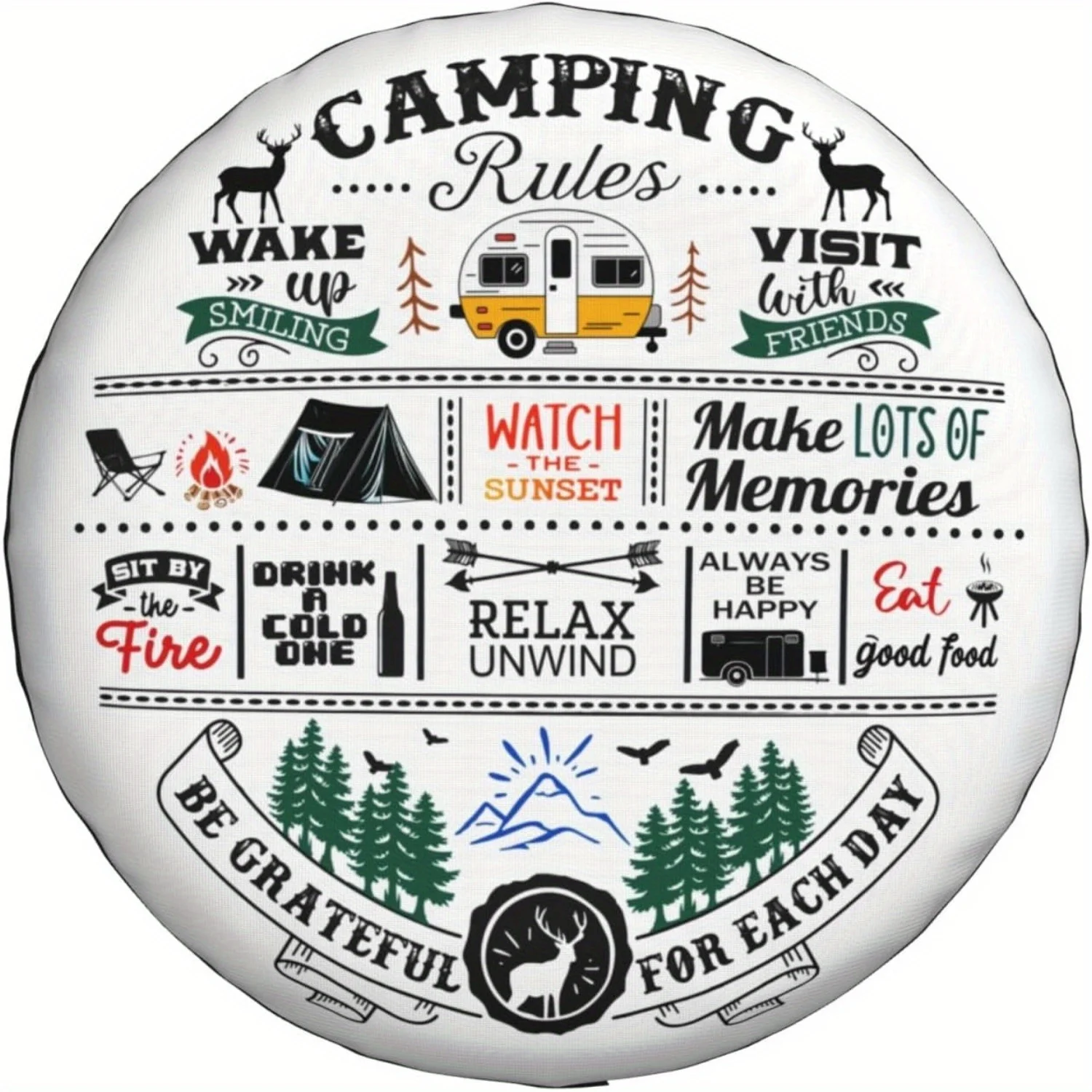 1 шт. Чехол для кемпингового колеса — Защита запасного колеса с дизайном правил кемпинга (пробуждение, закат заката, сделайте воспоминания) — сверхпрочное колесо