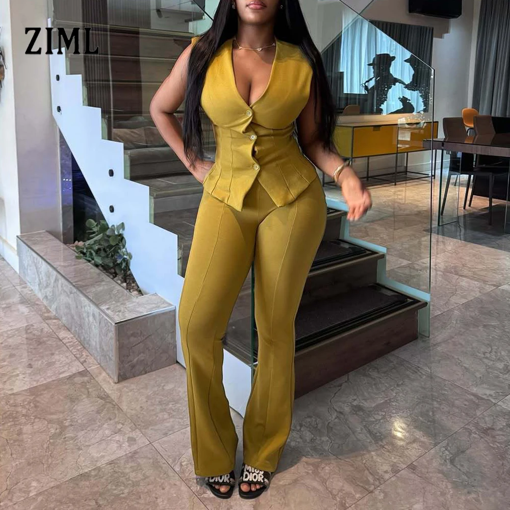 

ZIML однотонные комплекты из двух предметов для женщин, жилет без рукавов с v-образным вырезом и пуговицами, утягивающие брюки с высокой талией, минималистичный комплект, женский новый