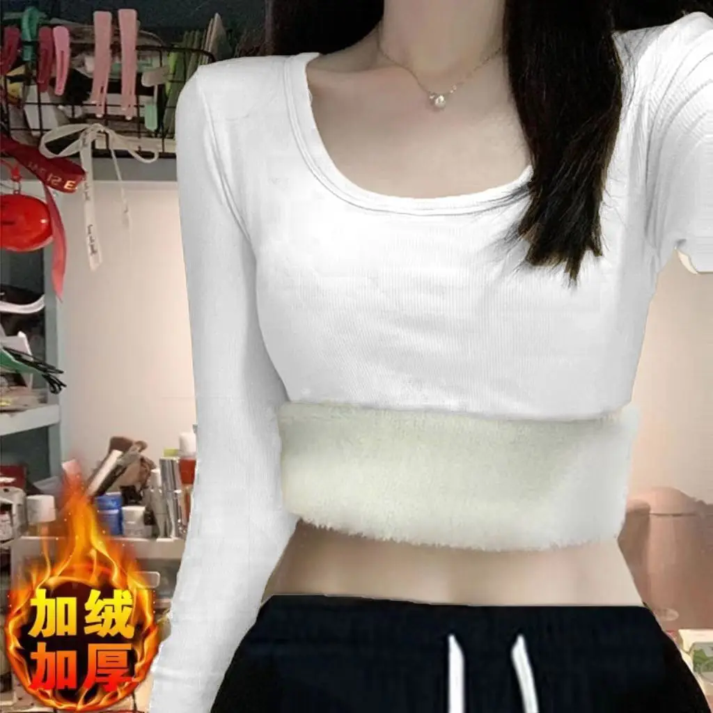 

Fleece-Lined Thickened Base Shirt Autumn Winter Inner Wear Warm Regular Shoulder Long Sleeve T-Shirt Women Slim Fit Elegant