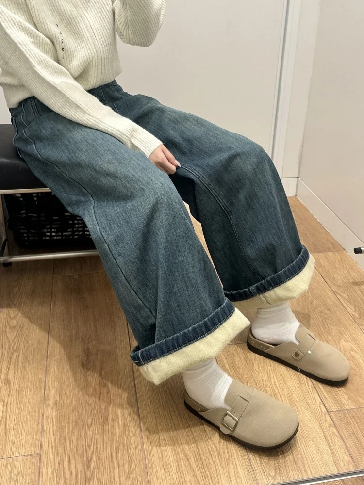 

Fce Lined Thi Широкие джинсы Женские свободные прямые брюки с высокой талией для похудения больших размеров Удобные эластичные повседневные джинсовые брюки