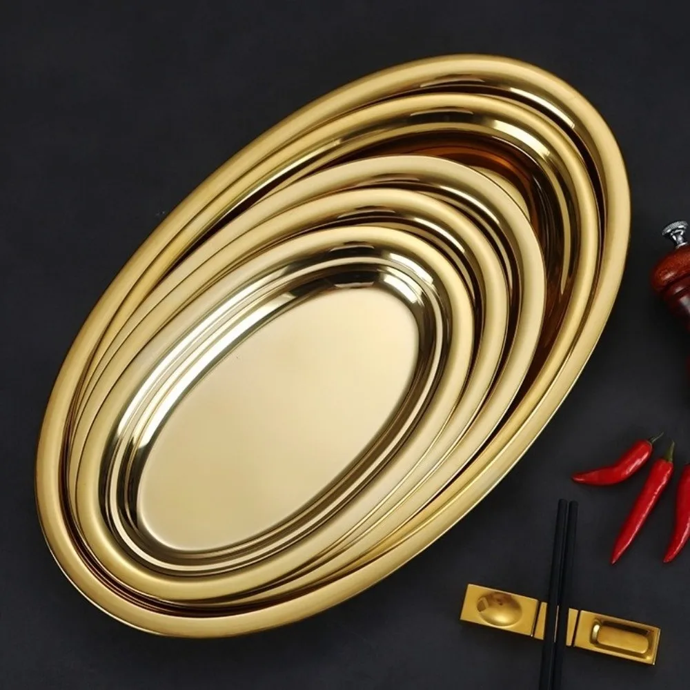 New Korean Style Steamed Fish Plate Stainless Steel Gold Silver Barbecue Plate Flat Surface Oval Shape Dining Plate Kitchen Use