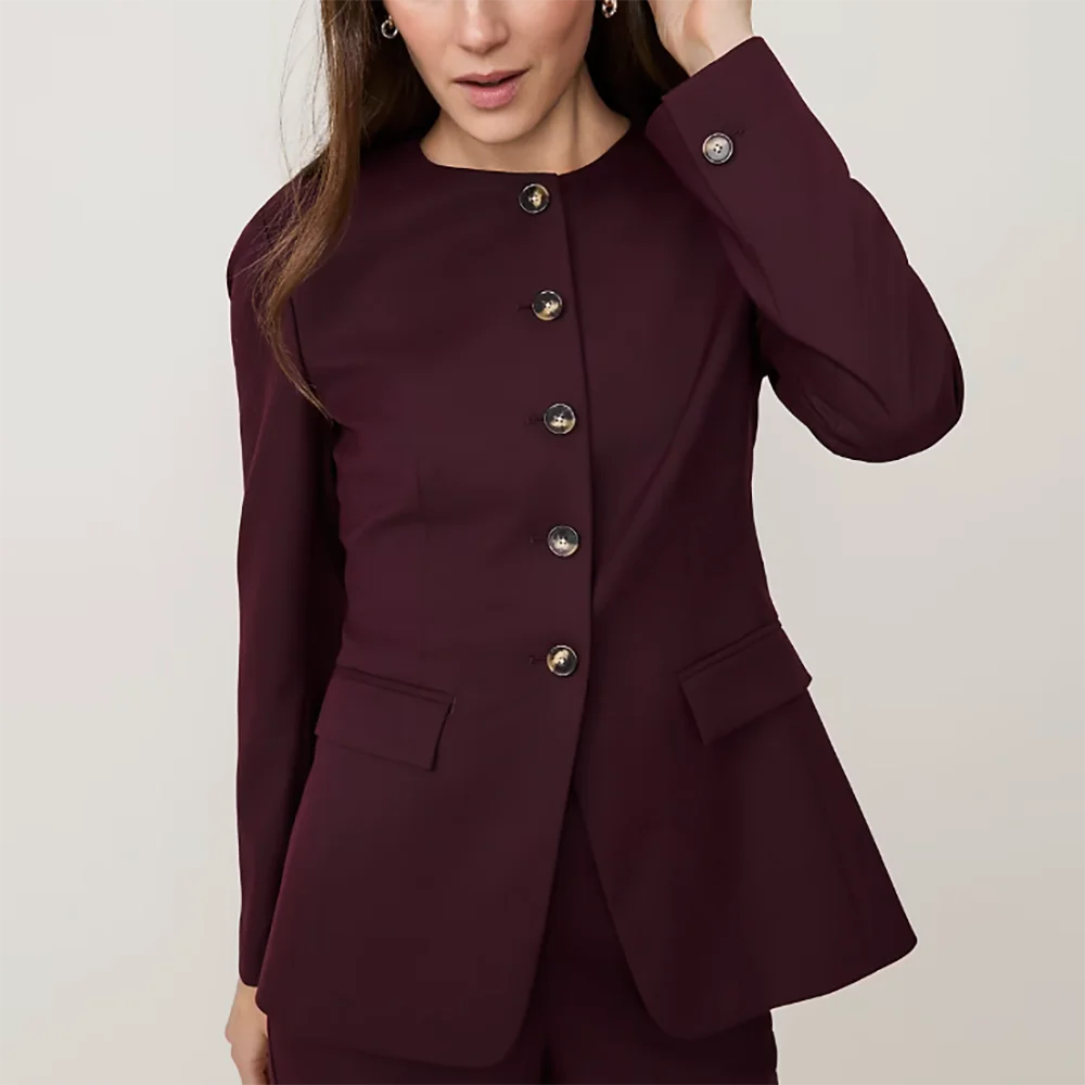 Elegant Women Burgundy Round Collar Suit Single Breasted Jacket Pants 2 Pieces Set Casual Business Office Formal Outerwear