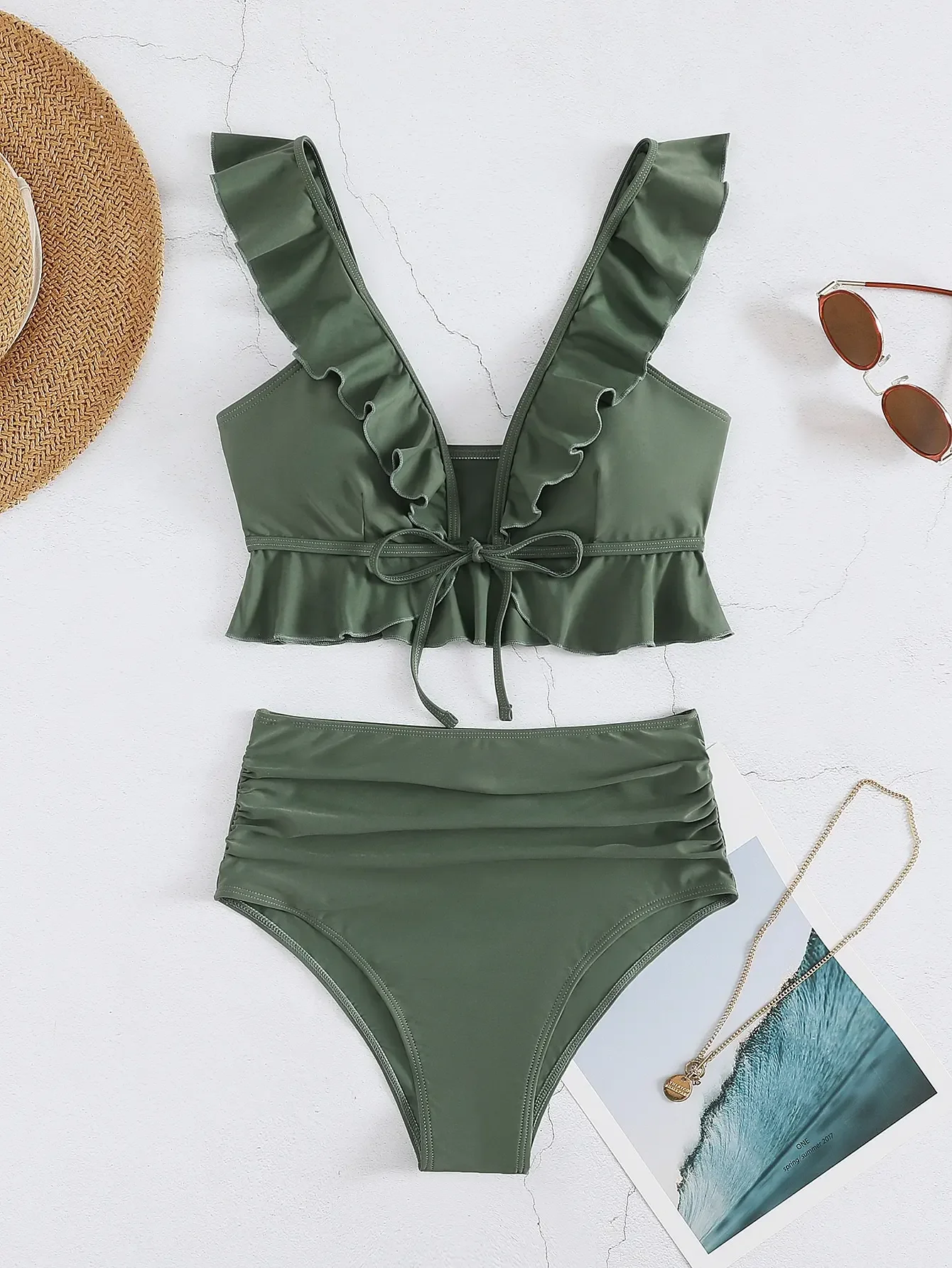 Ruffle Strape Bikinis 2024 Women High Waist Swimsuit Solid V-neck Swimwear Female Bathers Bathing Swimming Suit Summer Beachwear