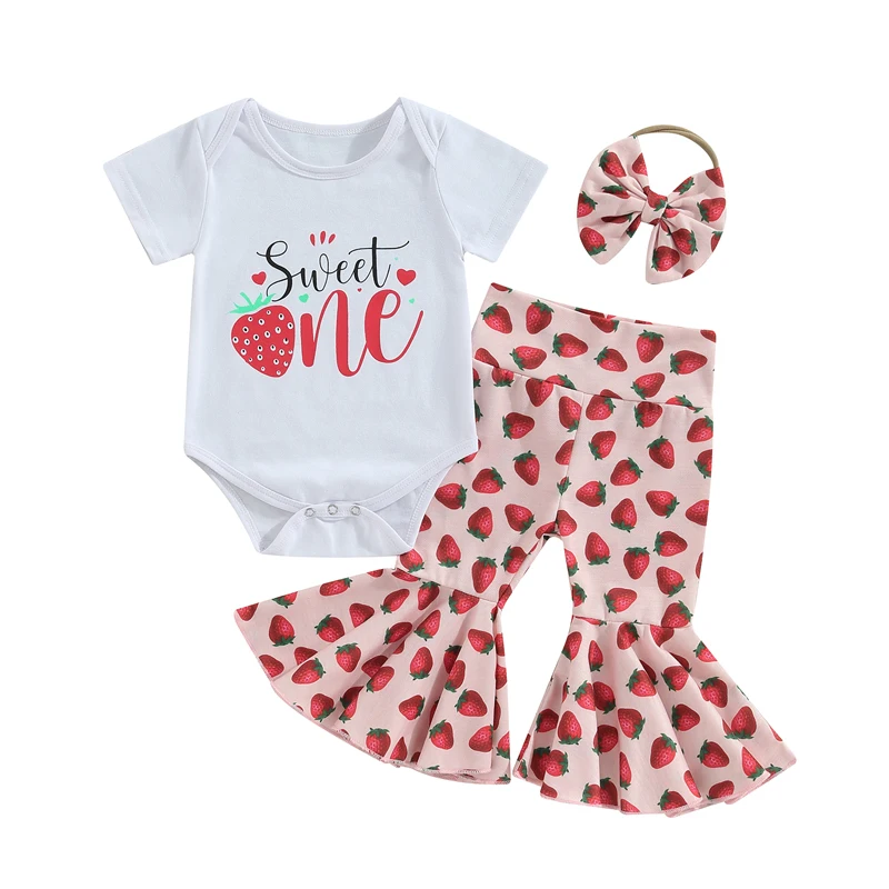 Baby Girl Clothes Suits Letter Print Short Sleeve Crew Neck Romper Strawberry Print Flare Pants Headband 3Pcs Set