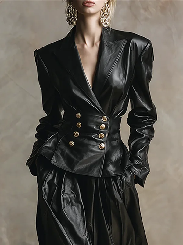 نموذج الأناقة الحضرية سترات من الجلد الصناعي للنساء 2025 الشتاء الخامس الرقبة مزدوجة الصدر المرأة خمر الأسود بولي Leather الجلود أبلى