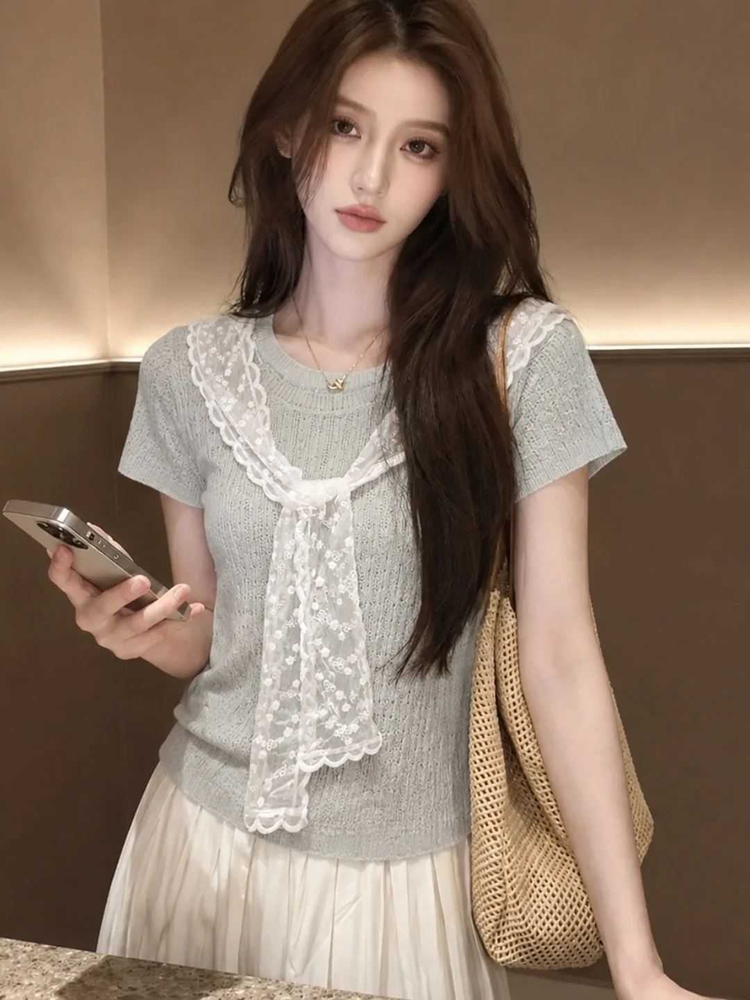 

Chic Korean Style Commuter Lace Shoulder Wrap Knitted Shirt Short Sleeve Versatile Top for Summer 2026 Elegant Fashionable