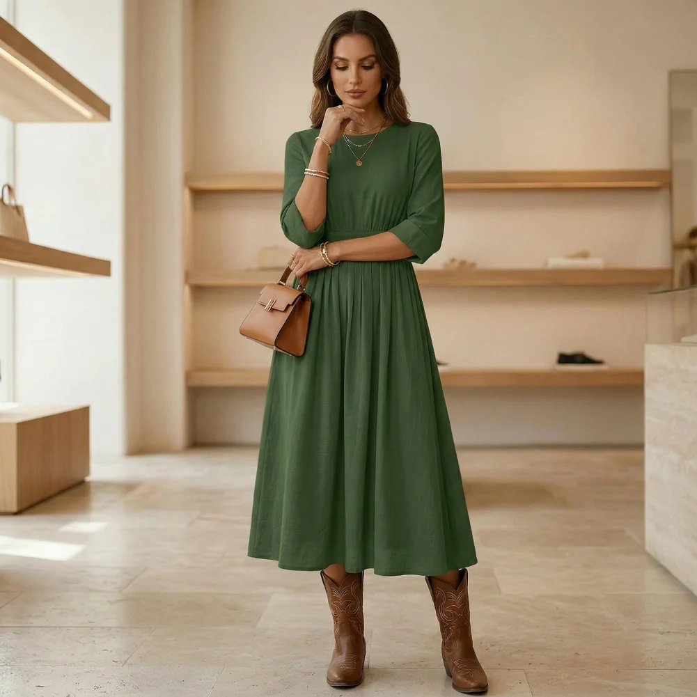 

Curve Flattering Dress Women’s Cotton Linen Midi Dress Long Sleeve Swing Dress Summer Pleated A-line Flowy with Crew Neck