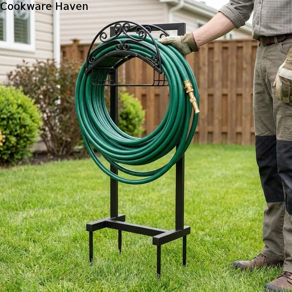 Vintage Garden Hose Rack Heavy Duty Ground Insert Water Hose Hanger Vertical with Storage Basket Pipe Storage Organizer
