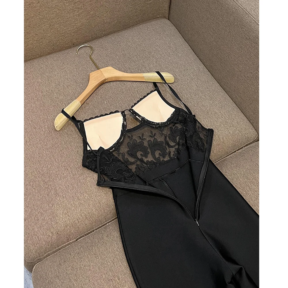 Sexy Floral Lace Patchwork Sleeveless Women Jumpsuit Elegant High Street Fashion Side Split Lady Black Bodysuit