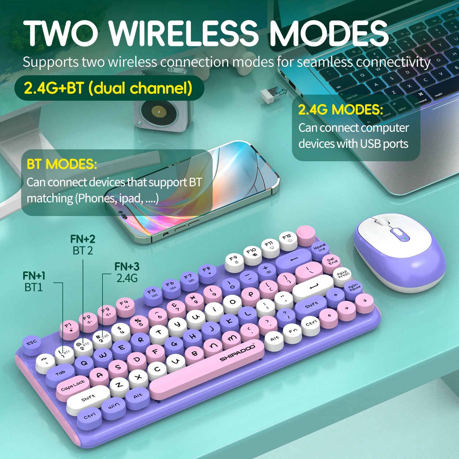 Ergonomic 2.4G Bluetooth Wireless Keyboard 81Keys Retro Round Keycap Keyboard Rechargeable Keyboard for Pc/Laptop/Desktop