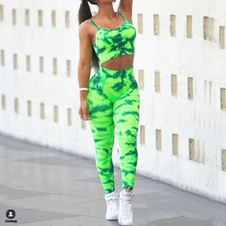 QK Seamless Tie Dye Printing Yoga Bra Sports Pants Suit Gym High Waist Push Hip Sports Shorts Running Fitness Leggings Set Women