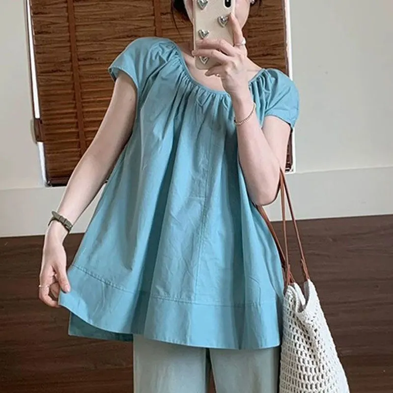 French Style Short Sleeve Shirts Female Clothing Casual Loose Round Neck Summer New Basic Solid Color Fashionable Folds Blouse