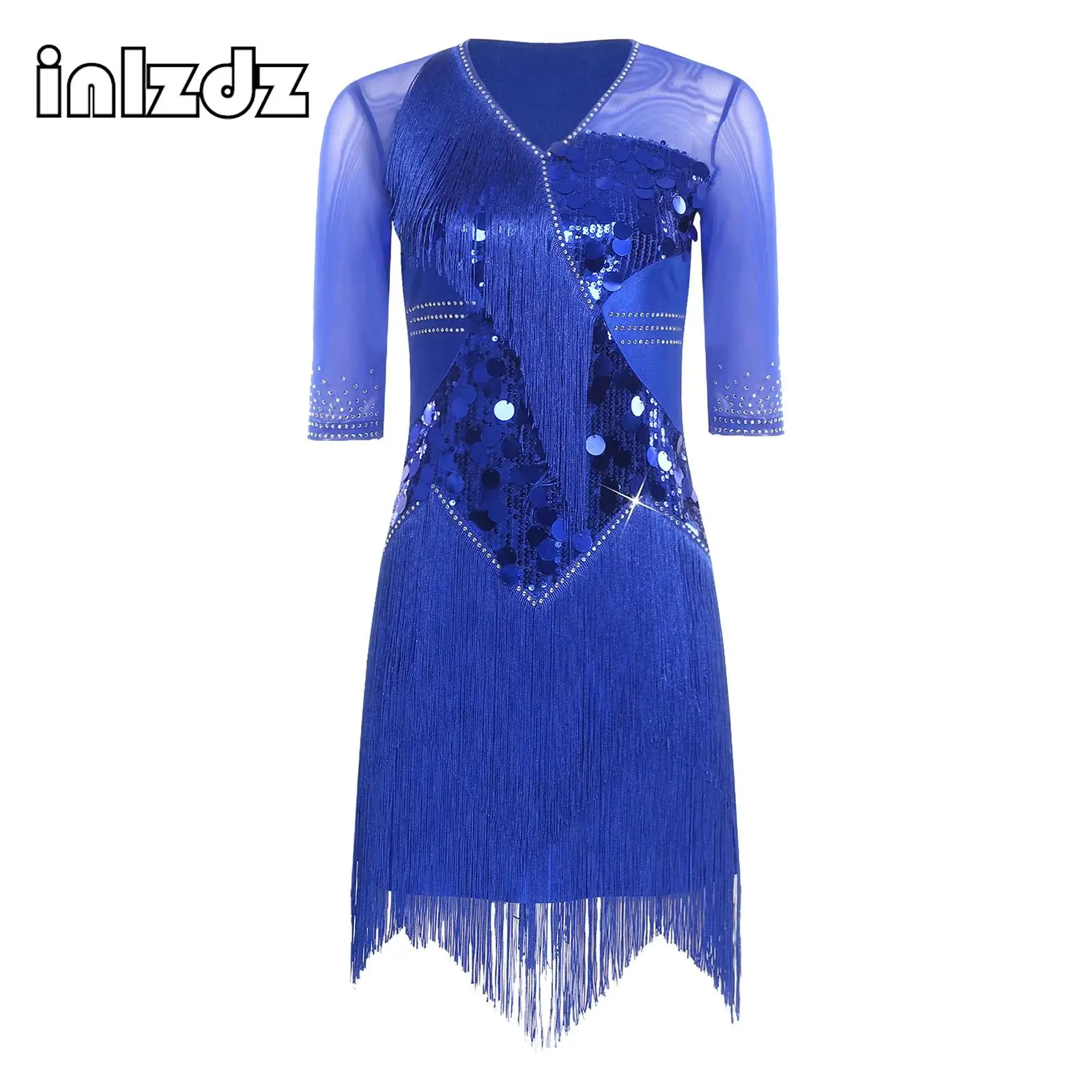 

Womens Tassel Latin Cha-cha Dance Dress Tiered Half Sleeve Sequin Rhinestone Dress Tango Salsa Samba Stage Performance Dancewear