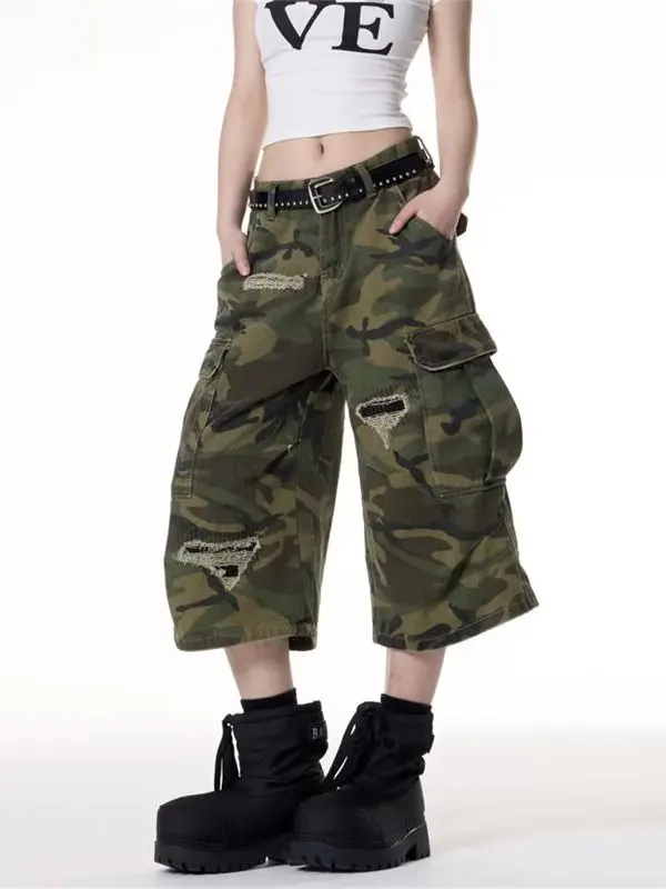 

Ретро американские лоскутные камуфляжные брюки на семь футов, свободные прямые брюки для мужчин и женщин, новый летний дизайн