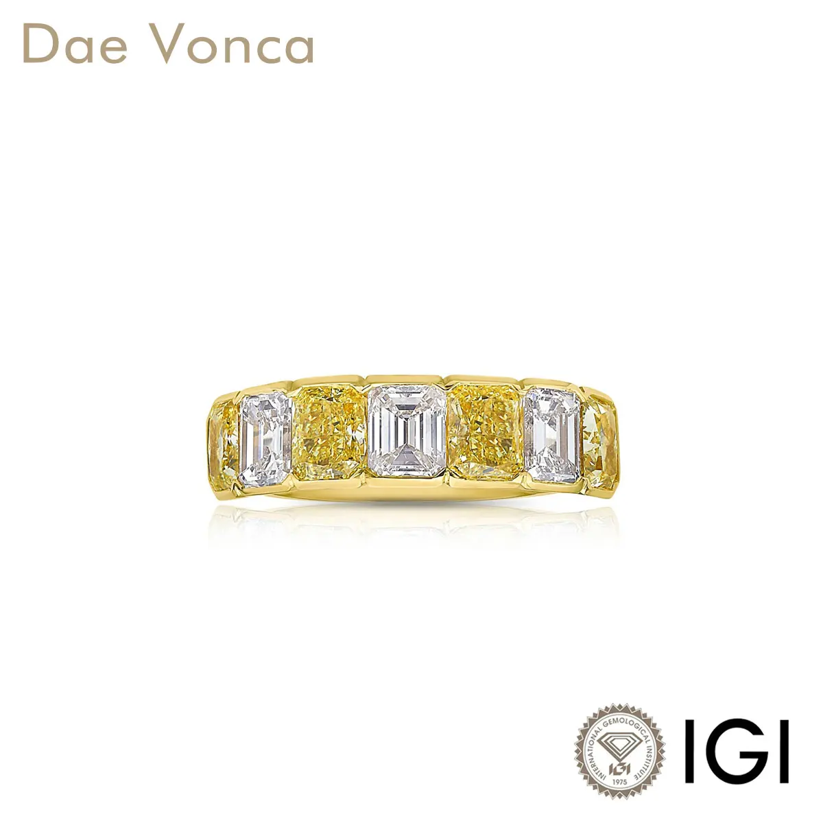 

9K/14K/18K Yellow Gold Half Eternity Band Diamond Ring Bezel Set VS+ Fancy Yellow Radiant & White Emerald Lab Grown Diamonds
