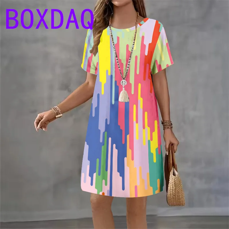 

Уличное модное мини-платье с цветным градиентным принтом для женской одежды, новое летнее свободное повседневное платье трапециевидной формы с короткими рукавами и круглым вырезом 3XL