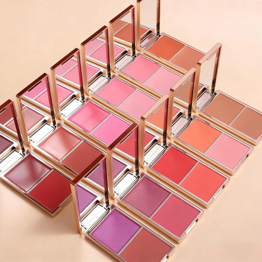 Private Label 2in1 Blush Custom Logo Gold-plated Compact 2-in-1 Cream Blusher Dual-shade Rouge Palette Long-lasting Makeup Vegan