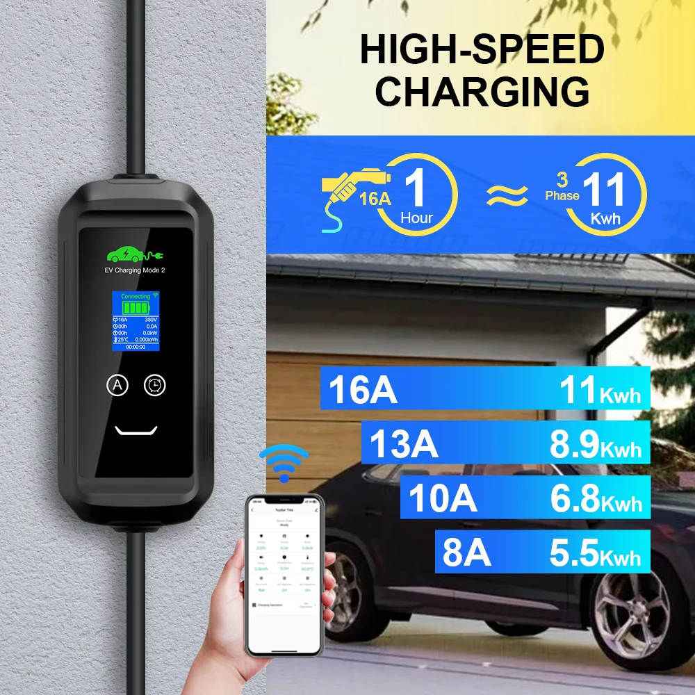 Cargador EV móvil de 16a y 11kW, dispositivo con aplicación Wallbox, Bluetooth, Wifi, ajuste de tiempo de carga para vehículos híbridos eléctricos, longitud de 5M