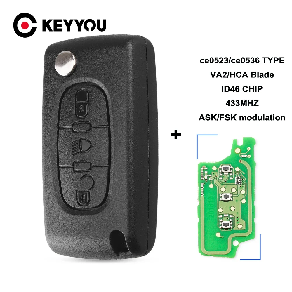 

KEYYOU For Citroen C2 C3 C4 C5 C6 C8 433Mhz ID46 3 Buttons light Flip Remote Car Key Fob VA2/HCA Blade CE0523/Ce0536 ASK/FSK New