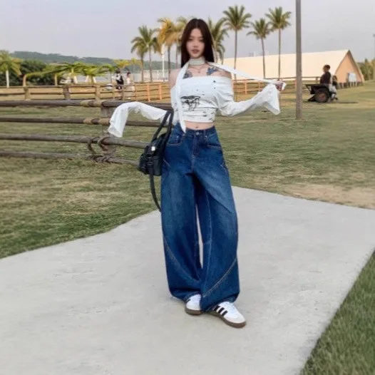 Spring Plus Size Women's Clothing High Waist Loose Fit Casual Wear Wide Leg Jeans Denim Straight Cut Full Length Pants view 4