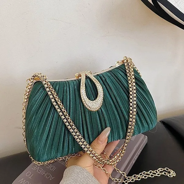 

Luxury Satin Pleated Evening Clutch with Rhinestone Buckle, Elegant Chain Shoulder Bag for Wedding Party Prom