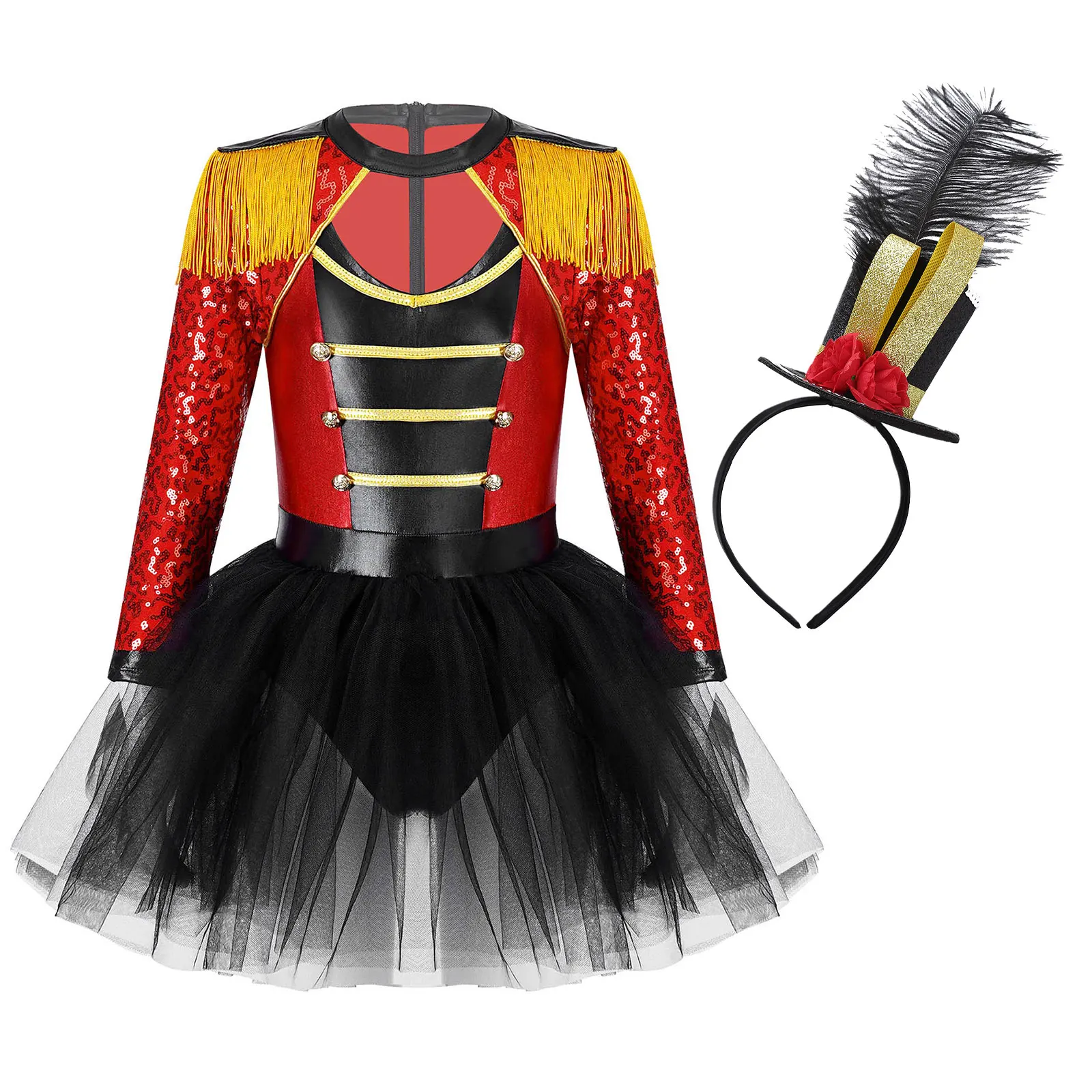 Bambini ragazze Circus Ringmaster Costume Cosplay Halloween mago vestito da ballo Teen Carnival paillettes giacca nappa Tulle Dancewear