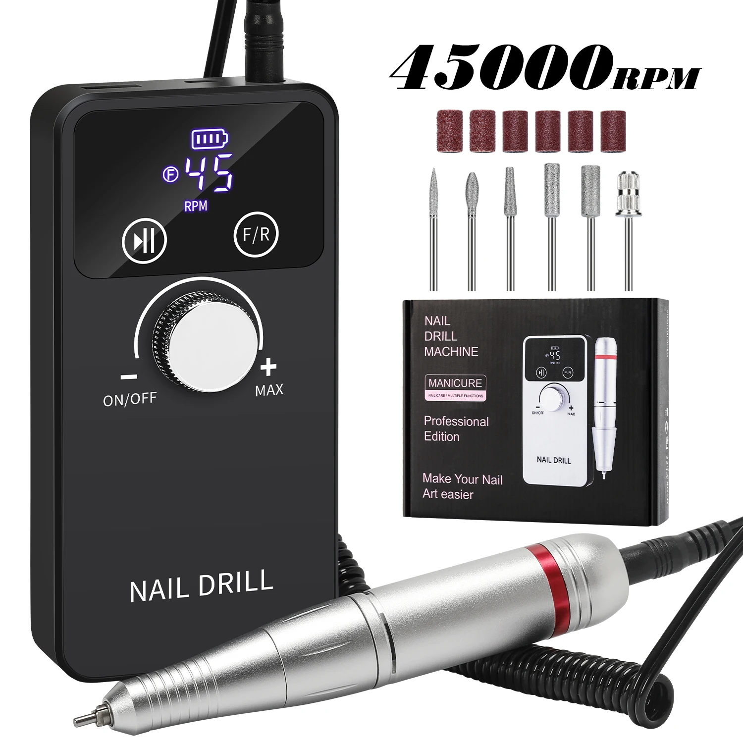 

Профессиональная дрель для ногтей с регулируемой скоростью 0–45000 об/мин, большим ЖК-дисплеем, длительным временем работы 10 часов и портативным дизайном