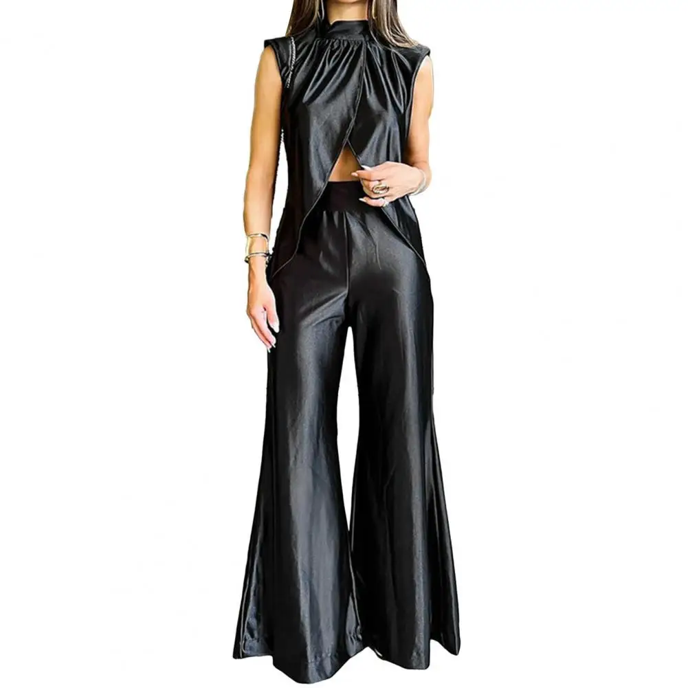 Solid Color Smooth Satin Outfit Elegant Satin Vest Wide Leg Pants Set for Women Chic O-neck Outfit with Irregular Split Hem High