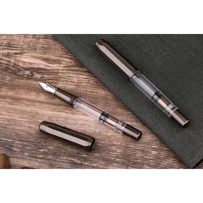 Pluma estilográfica de pistón A+ Majohn T1, pluma de tinta de punta F acrílica transparente de latón Vintage