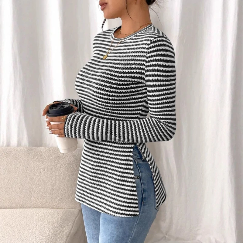 

Tops Women Top Round Neck Full Sleeve Slim T-Shirts Y2k Streetwear Tees Casual Regular Elegant Splice Work 2025 Autumn Winter
