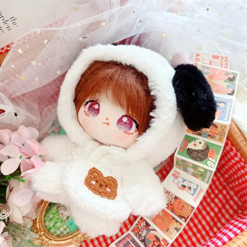 20cm Cartoon Girls Plush Cotton Doll With Fluffy White Puppy Suit with Bunny Bag Kawaii No Attribute Dolls Clothes Accessory Toy