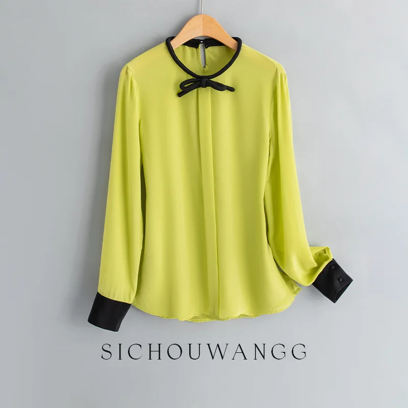 

New Silk Double Crepe Long Sleeve Shirt Women's Bow Tie Top Round Neck