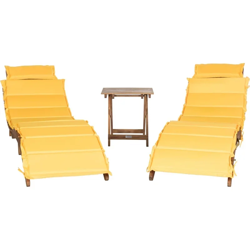 

SAFAVIEH Outdoor Collection Pacifica Natural Brown Solid Wood/Yellow Cushion 3-Piece Chaise Lounge Set with Table (PAT7020D)