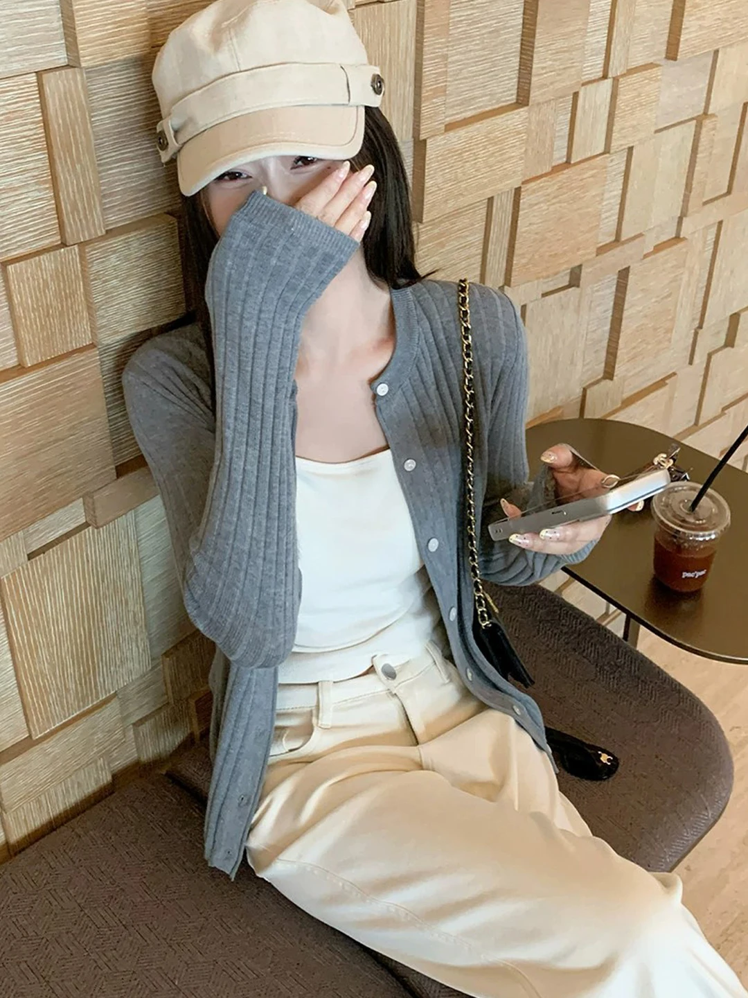 Korean Style Pure Color Vertical Pit Stripe Knitted Cardigan Women's Spring Autumn New Slim Short Sleeve Long Sleeve Top Coat...