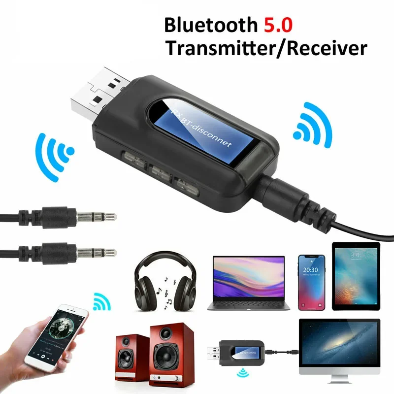 

BT10 2 in 1 On-screen Bluetooth 5.0 Audio Transmitter Receiver 3.5mm AUX USB Wireless Adapter BT-10 For Car HIFI PC TV Headphone