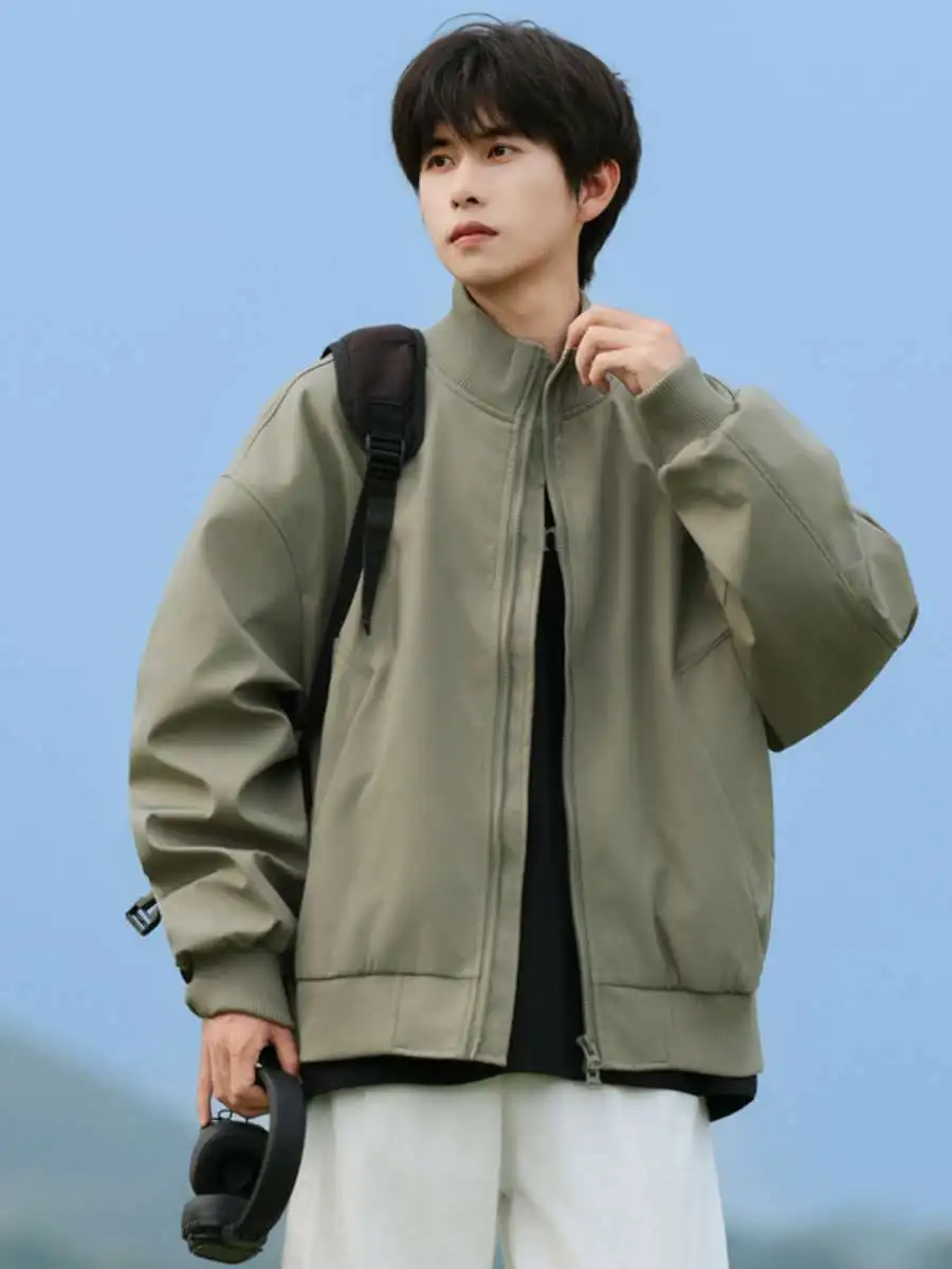 Chaqueta Corta Estilo Piloto Estudiantil, Moda Masculina, Ropa de Calle Otoñal, Chaqueta de Béisbol con Cuello Alto, Tejido d...