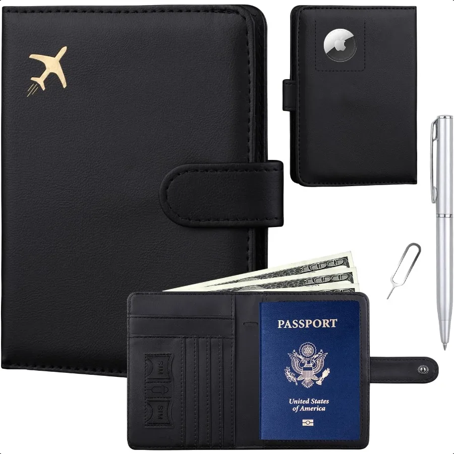 

Passport Holder for Travel with Airtag Card Slots Money Pocket Women Men RFID Blocking Wallet Book Case Black