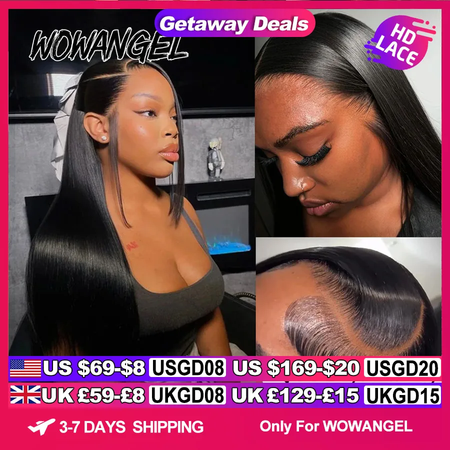 WowAngel 250% 13x6 HD Lace Full Frontal Wigs 34in Straight Human Hair Wigs All Skins Melted Pre Plucked Brazilian Hair For Women