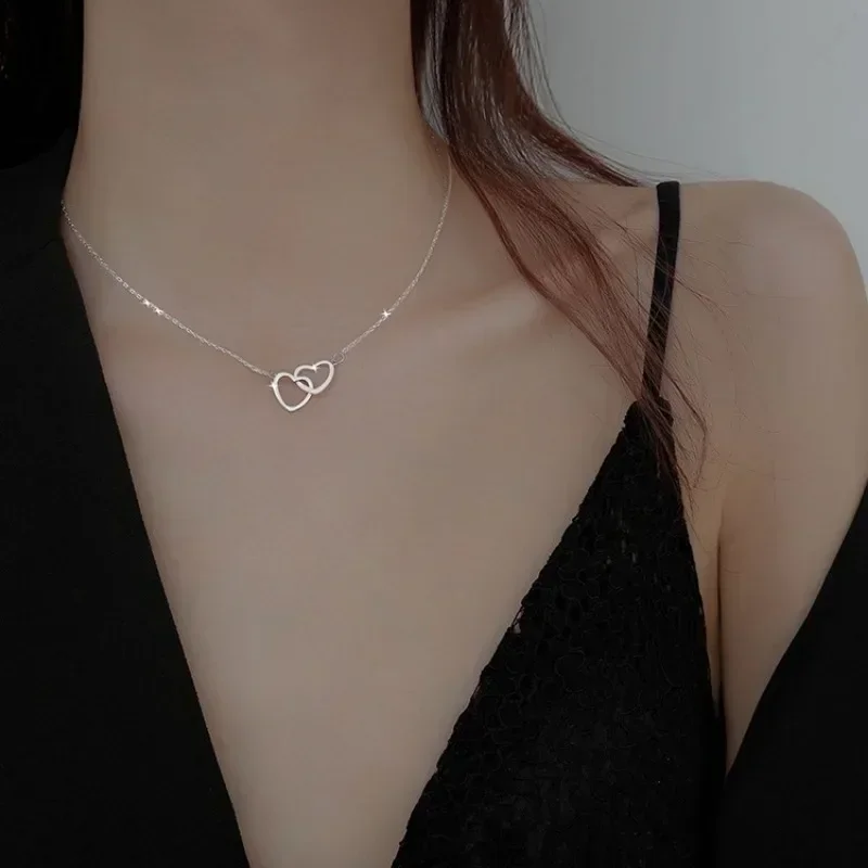 Minimalist Double Hollow Heart Necklace for Women Korean Clavicle Chain Necklace Stainless Steel Choker Gold Color Chain