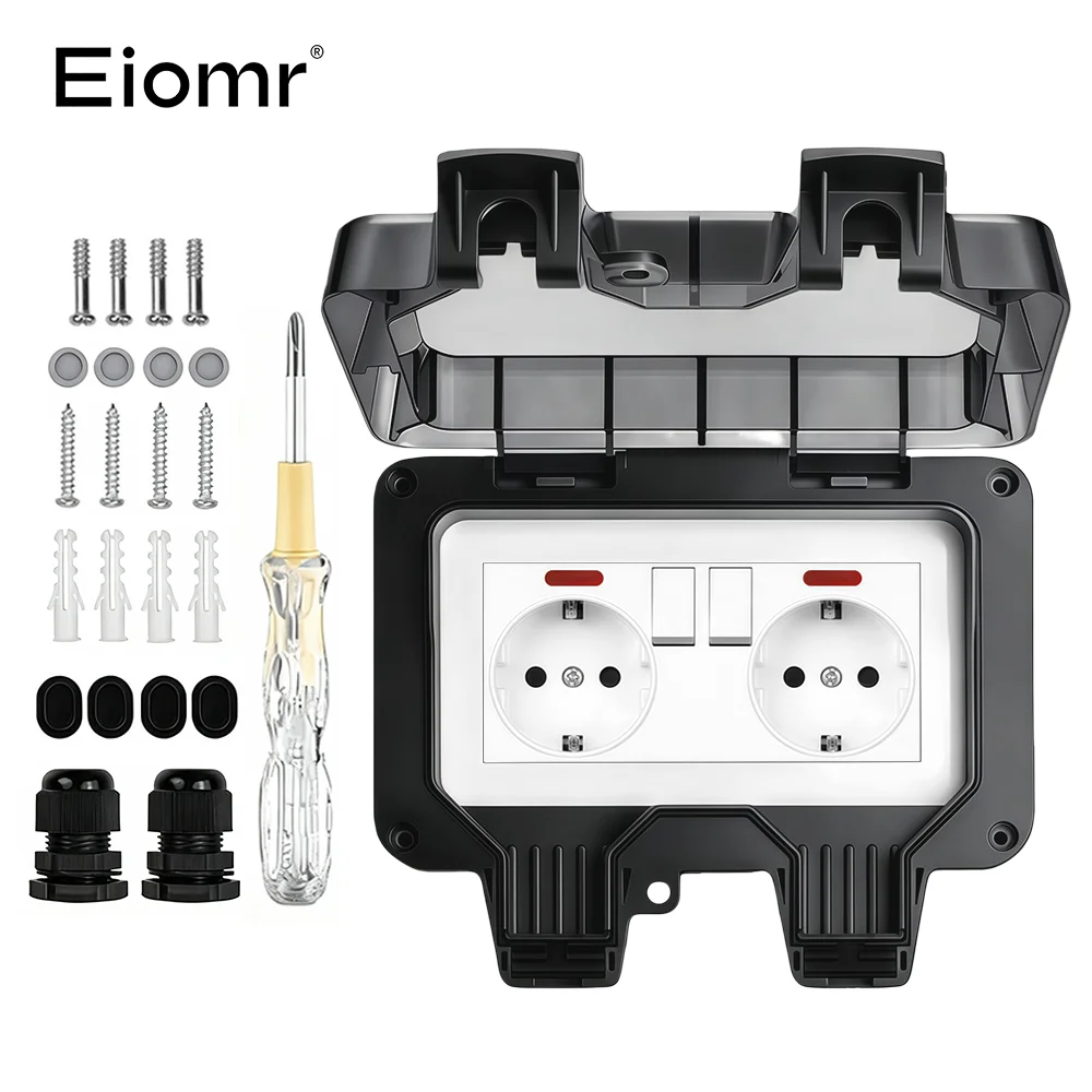 EIOMR 16A 220V IP66 wasserdichte Doppelsteckdose, schwarze Outdoor-Steckdose mit Schalter, mit Typ-C-Ladeanschluss, EU-Standardsteckdose