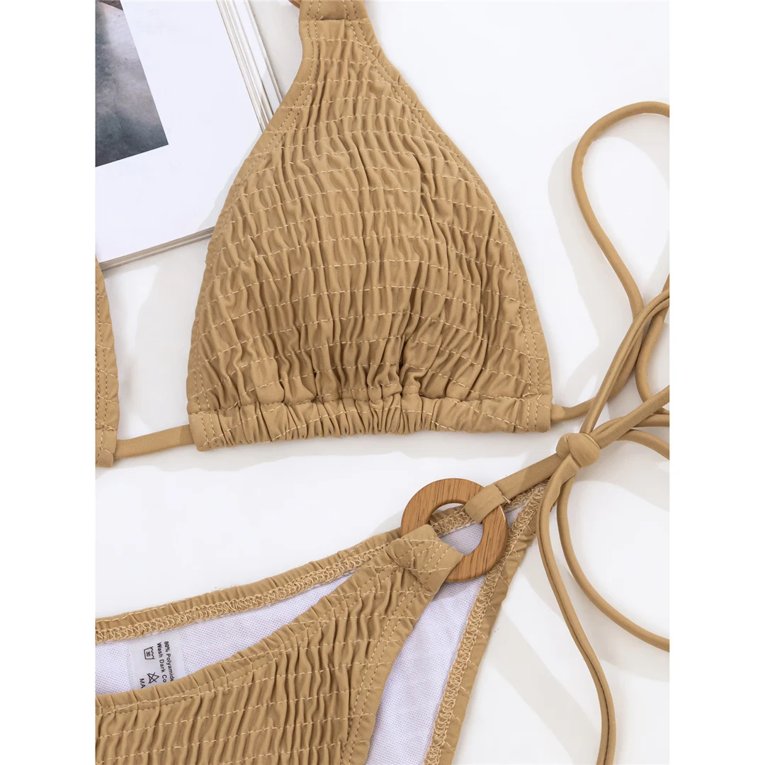 Gefälteltes, gerafftes Neckholder-Bikini-Set für Damen, zweiteiliger Badeanzug, Badebekleidung mit hohem Beinausschnitt, Badeanzug, Schwimmbekleidung V5728 – Detail 13