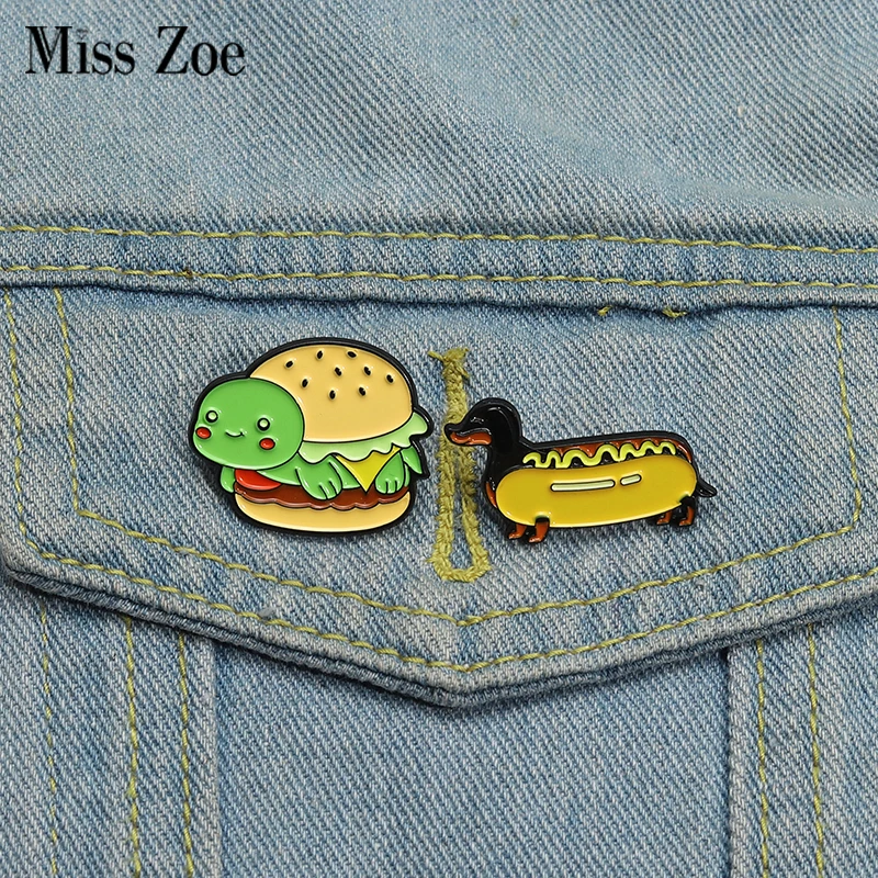 Animal Burger Hot Dog Enamel Pins Custom Cute Turtle Puppy Brooches Lapel Badges Clothes Animal Jewelry Gift for Kids Friends