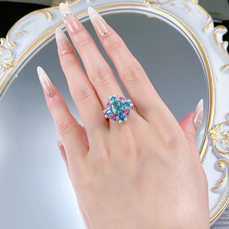 الفاخرة الشهيرة عالية المجوهرات سر حديقة بارايبا التورمالين اللؤلؤ المشاركة الزفاف الأزهار خاتم الزبرجد كوكتيل النساء الفرقة #4