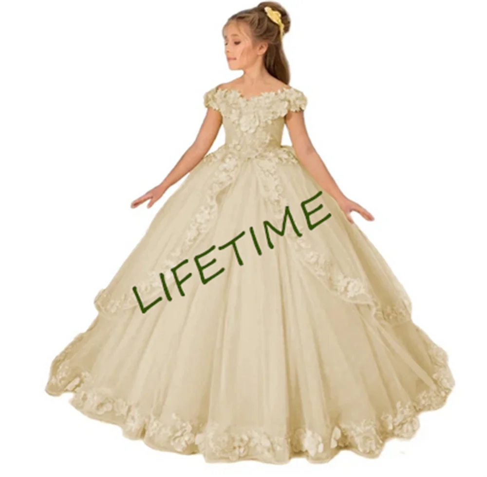 Tüll Blumen mädchen Kleider für die Hochzeit schulter frei Prinzessin Pagenat Kleid lange Kinder 3d Applikation erste heilige Kommunion Party kleider