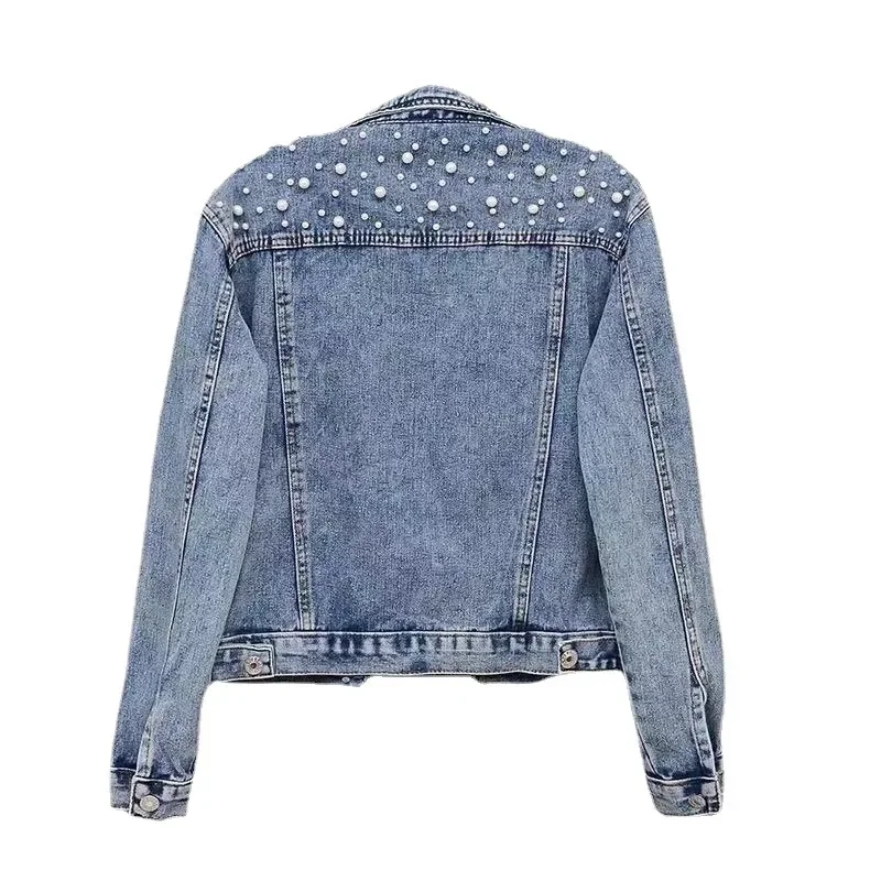 Pearls Denim Women Jacket Female Lady Work Wear 1 Piece Spring Short Coat Outfit Hot Girl Casual Wear