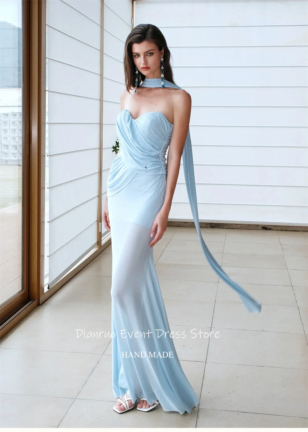 Dianruo リボン付きイリュージョンイブニングドレス ストレートスイートハート ラッフル装飾付き ベスティドス・デ・フェスタ ライトブルー サマープロムガウン 2025 カスタマイズ可能