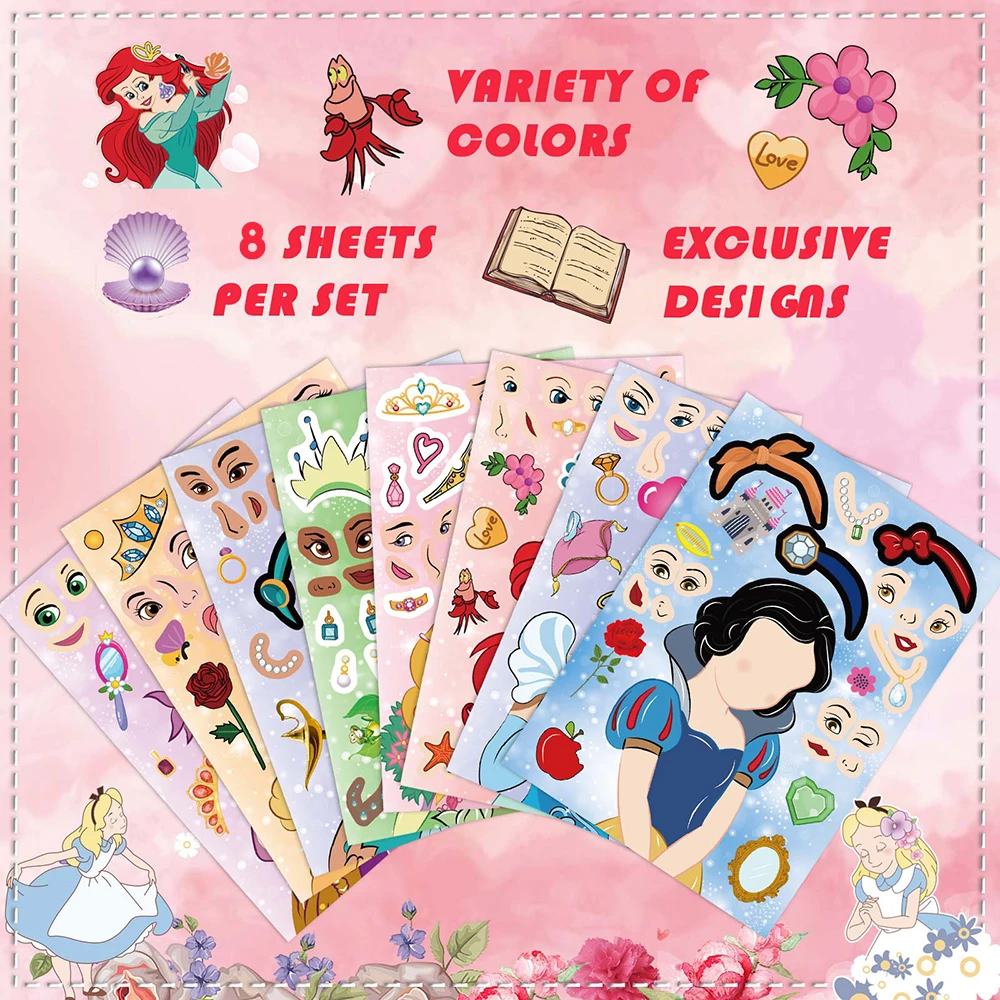 8/16Sheets Disney Princess Puzzle Stickers Make-a-Face Children DIY Assemble Jigsaw Educational Toys Party Favors For Kids Girls